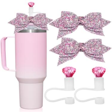 Imagem de (2+2) 2 peças de cobertura de palha de diamante com 2 peças de gravatas borboleta de glitter fofas para copos Stanley 30 e 1,134 g, capas de palha de silicone reutilizáveis para acessórios Stanley