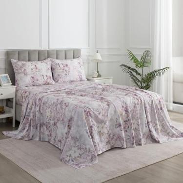 Imagem de Puralens Jogo de lençol Queen floral roxo 100% algodão, estampa de borboleta, vintage percal, lençol com elástico alto, 4 peças