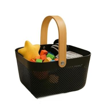 Imagem de Cesto Organizador De Plástico Com Alça De Bambu(QUADRADO PRETO)