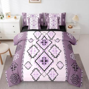 Imagem de Erosebridal Jogo de edredom Queen ocidental com 7 peças, boêmio, asteca, exótico, nativo americano, para homens, adultos, étnico, tribal, geométrico, diamante, rústico, roxo, decoração de quarto