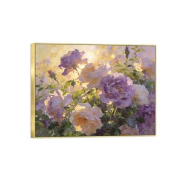 Imagem de Pintura de arte de parede de flores - imagem de decoração vintage - flores roxas - impressões em tela moldura dourada para sala de estar 50 x 65 cm 20 x 26 pol