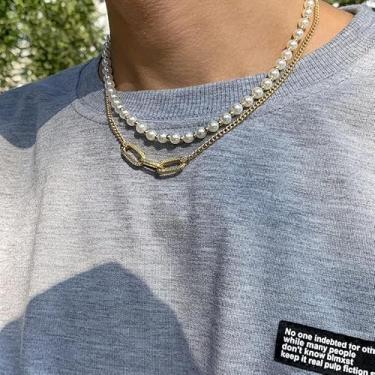 Imagem de Colar de corrente de elos em camadas de pérola para homens, joias de pedras preciosas simuladas, presente moderno, marido, pai, ele, aniversário, casamento, acessórios, presentes de Natal, Dia dos