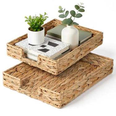 Imagem de 2 bandejas de arquivo A4, cesta de mesa de jacinto de água, cestas de arquivo de vime, bandejas de documentos de tamanho carta, cesto organizador de arquivos de revistas para escritório, vaso