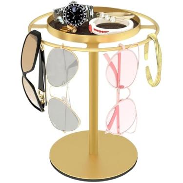 Imagem de Asixxsix Organizador de óculos de Sol, Suporte para óculos Com Bandeja de Armazenamento para 9 Pares de óculos e Joias, Almofadas Antiderrapantes, Rack de Exibição de Metal Compacto (GOLD)