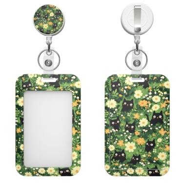Imagem de Porta-crachá retrátil com clipe de mosquetão e chaveiro, várias opções de padrões, bonito e moderno (gato preto margarida amarela)