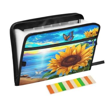 Imagem de Wassud Organizador de arquivos sanfonado de girassol e borboleta com 13 bolsos, pastas expansíveis com abas e adesivos, organizador de pastas de documentos de recibo de papel tamanho carta A4 para