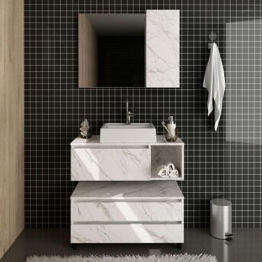 Imagem de Kit Gabinete Balcão E Espelheira De Banheiro Marina Mármore Branco