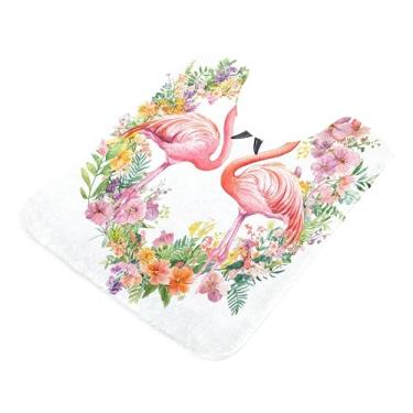 Imagem de Burbuja Um par de tapete de banheiro flamingos apaixonado, tapete de banho absorvente de pelúcia macio, base de vaso sanitário antiderrapante para piso de banheiro, oval em forma de U