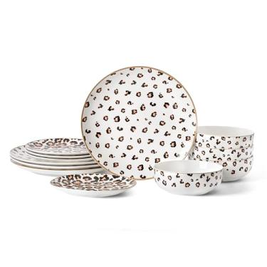 Imagem de Conjunto de louça Christian Siriano Majestic com 12 peças de porcelana, pratos e tigelas, seguro para lava-louças e micro-ondas, conjunto de pratos para 4, multicolorido