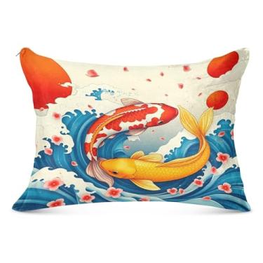 Imagem de Burbuja Fronha de almofada de peixe ouro vermelho japonês tamanho king 50,8 x 101,6 cm, capa de almofada de pelúcia ultra macia e aconchegante com zíper para pele de cabelo