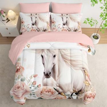 Imagem de AILONEN Jogo de cama solteiro com cavalo e flor rosa, branco, 7 peças, lençol com tema de animal selvagem fofo + lençol de cima + 2 fronhas + 2 fronhas
