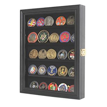Imagem de DisplayGifts Military Challenge Coin Display Case Poker Chips Holder Wall Cabinet Showcase Storage Rack with 5 Shelves for Coin Collection Solid Wood Wall Mount Black Finish Frame