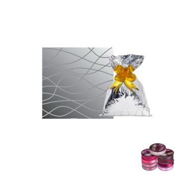 Imagem de Kit Saco Laminado Dourado/Prata 20X30cm e Fita Cetim Rolo 22mm X 50 Metros