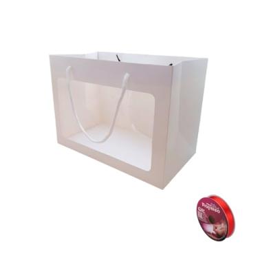 Imagem de Kit Sacola Branca Com Visor 24x12x31 cm Com Fita Cetim 15mm x 50 Metros