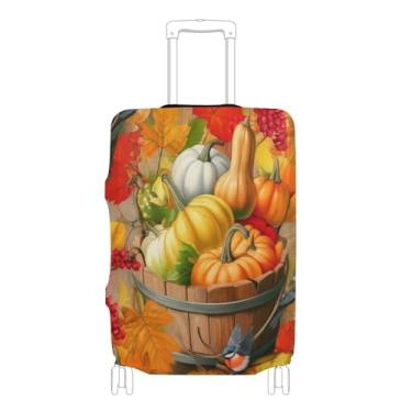 Imagem de Joisal Autumn Pumpkins Capa de bagagem de madeira para protetor de mala proteção de viagem presentes de viagem manga engraçada, P, serve para capa de 45 a 50 cm, Balde de madeira de abóboras de outono