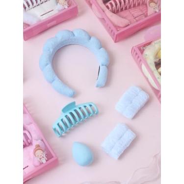 Imagem de 6 conjuntos de faixas de cabeça de spa para lavar o rosto e cuidados com a pele facial, faixas de flores, clipe de garra, faixas de maquiagem inchadas para máscara de lavagem de rosto, faixa de cabeça