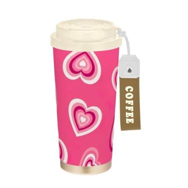Imagem de Caneca de viagem de café 40 ml com revestimento cerâmico, copo de café de viagem de aço inoxidável com canudo e tampa de enchimento, copo isolado a vácuo, rosa coração concêntrico retrô