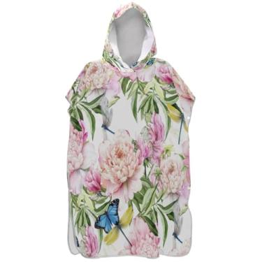 Imagem de Joisal Lindo roupão de mudança de peônias florais rosa para adultos, poncho de surf, praia, capuz, toalha, floral, reutilizável, ponchos de praia para homens