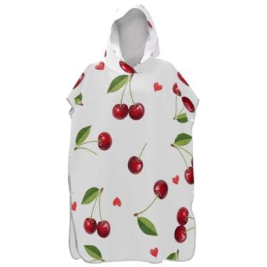Imagem de Joisal Cerejas vermelhas folhas verdes poncho de surf branco trocador para adultos secagem rápida homens mulheres poncho com capuz toalha de natação com capuz