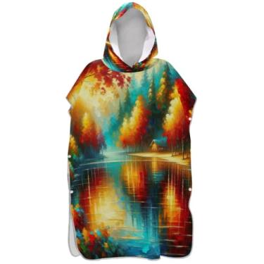 Imagem de Joisal Aquarela Outono Lake Tree Surf Poncho Trocador para Adultos Ponchos de Praia de Secagem Rápida para Homens Toalha de Natação com Capuz