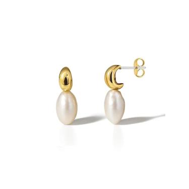 Imagem de Altitude Boutique Brincos de pérola cultivada em água doce AAA | Brincos banhados a ouro 14K ou ródio | Pérola redonda pequena (5,5 – 6 mm) ou formato barroco grande (9 x 12 mm) | Joias minimalistas e