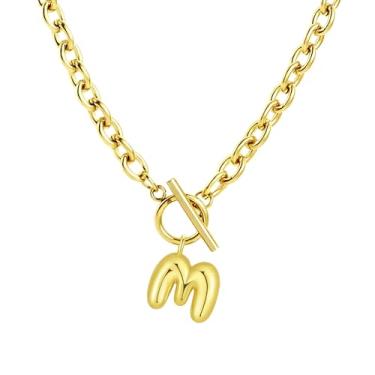 Imagem de Fiiuos Colar com inicial para mulheres, banhado a ouro 18 K, delicada, com pingente de letra bolha personalizada, corrente de elos grossos de clipe de papel com fecho de botão minimalista, joias de