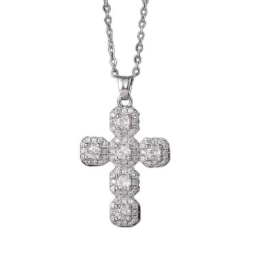 Imagem de Coleção de colar com pingente de zircônia cúbica de cruz e coração, joias religiosas e sentimentais elegantes para uso diário, One Size, Cobre, Zircão