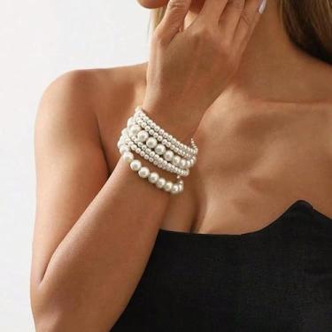 Imagem de Pulseiras de pérolas empilhadas para mulheres, pulseira elástica com contas brancas douradas, joias de dama de honra, presente de casamento, acessórios de formatura para noiva, presentes de amizade