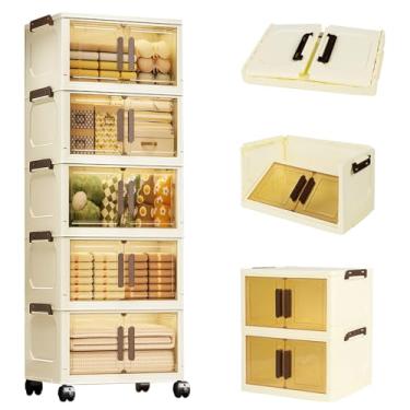 Imagem de Armário Organizador Dobrável 5 Camadas com Rodinhas, 107*38.5*26 cm Armário de Armazenamento de Plástico Empilháveis, Caixas de Armazenamento de 5 Camadas com Tampas, Organizador Visor Transparente