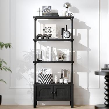 Imagem de GOUUN Estante pequena com porta, estante de madeira de 137 cm, prateleira preta com armário de armazenamento, prateleira resistente, estante para sala de estar/escritório