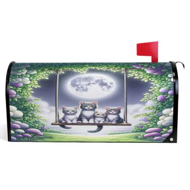 Imagem de TSENQUE Capas decorativas para caixa de correio magnética, outono, caixa de correio, vinil, moderna, decoração de jardim, gatos, lua, verde, tamanho padrão 52,6 x 45,8 cm