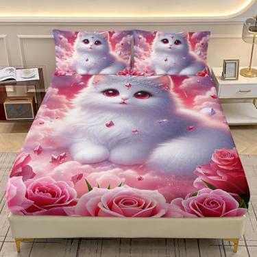 Imagem de AILONEN Jogo de lençol Queen Kawaii com estampa de gato rosa, gatinho branco e diamante, para crianças, meninas, com estampa de gato e olhos vermelhos, lençol macio com bolso profundo e 2 fronhas, 3