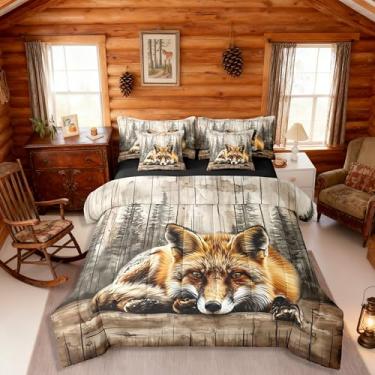 Imagem de Erosebridal Jogo de cama de caça raposa em uma bolsa, 7 peças, selvagem, animais da floresta, rústica, rústica, para crianças, meninos e meninas, conjunto de lençol completo com edredom