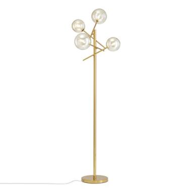 Imagem de Luminária de chão com 4 cúpulas de vidro e detalhes em dourado, estilo luxuoso. Luminária vertical criativa para leitura em ambientes internos. Luminária de chão alta com estrutura em metal