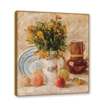 Imagem de Moldura de teca. Arte em tela floral country, pintura botânica vintage de natureza morta, decoração de parede de cozinha de fazenda emoldurada para sala de jantar. B46. 40 x 48 cm-15,7 x 18,9 pol