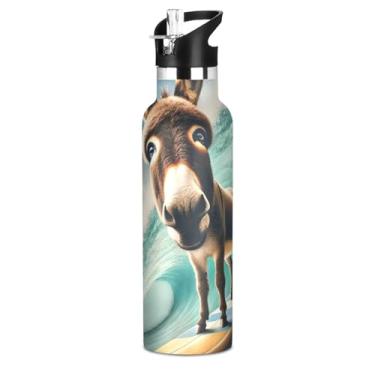 Imagem de Garrafa de água isolada para adolescentes para escola, animal burro fofo, 590 ml, à prova de vazamento, sem BPA, garrafa térmica de aço inoxidável com tampa de canudo