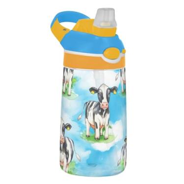Imagem de Cute Cows Garrafa de água infantil animal azul celeste 473 g garrafa de água esportiva portátil com tampa de canudo 473 ml Tritan reutilizável infantil copo à prova de vazamento, alça de transporte