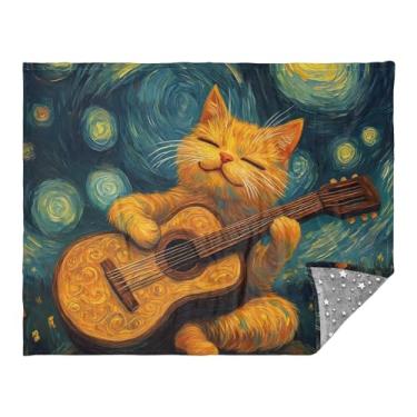 Imagem de Cobertores de viagem azul celeste para guitarra gato, 178 x 140 cm, cobertor quente para o inverno, cobertor para clima frio