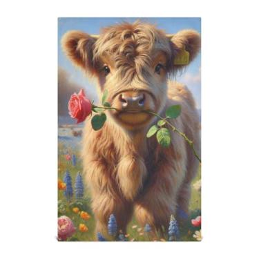 Imagem de Toalhas de mão de chá fofas Highland vaca bezerro toalhas de prato fofas para decoração de cozinha para secar pratos absorventes macios 45 x 71 cm, 1 pacote