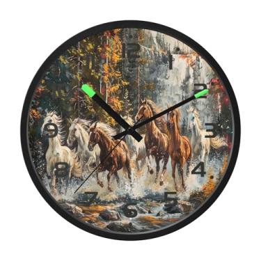 Imagem de SEHANY Relógio de parede artístico majestoso cavalos silencioso, sem tique-taque, relógio redondo operado por bateria, controle de som, luz noturna, relógios de parede para sala de estar, cozinha