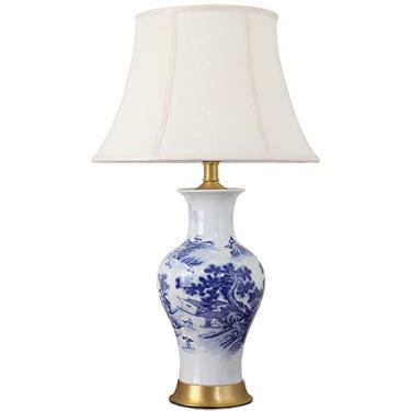 Imagem de Abajur de mesa em cerâmica chinesa azul e branca, estilo campestre, com padrão pintado, em formato de vaso, para quarto, sala de estar ou escritório.