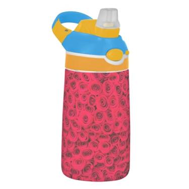 Imagem de Garrafa de água infantil Tritan de 473 ml com tampa de palha, garrafa de água esportiva portátil para escola, reutilizável, copo infantil de 473 ml, alça de transporte, arte vibrante de rosas