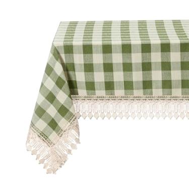 Imagem de Wijiwevol Toalha de mesa retangular guingão, linho pesado, toalha de mesa xadrez lavável com acabamento de renda para piquenique, decoração de jantar de cozinha - 128 x 188 cm, assentos 4 a 6, verde