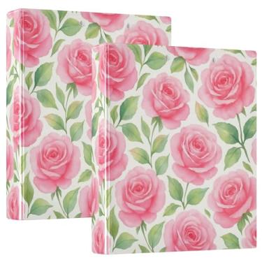 Imagem de Aquarela rosas rosas brancas 3,8 cm fichários 3 anéis comporta 200 folhas fofas pastas de caderno anel redondo fichário resistente, 31,5 x 27 x 6 cm, pacote com 2