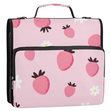 Imagem de CartoonStrawberries Bolsa organizadora de fichário com zíper rosa margarida branca, 3 anéis, 3 anéis, pasta de portfólio de anéis D com alça, bolsa grande de armazenamento de documentos com vários