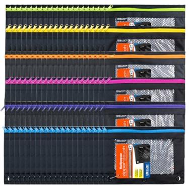 Imagem de Bolsa para lápis Bazic com 3 anéis para fichário com furos para anéis reforçados com rebite, bolsas com zíper de tela preta neon, pacote com 144