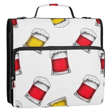 Imagem de Canecas vermelhas amarelas cerveja, 3 anéis, anel D de 3,8 cm, organizador de fichários escolares com alça de ombro, estojo grande de armazenamento com alça