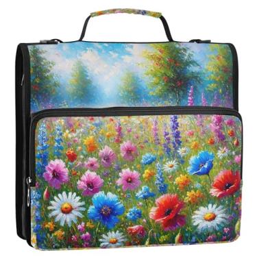 Imagem de Organizador de fichário com zíper personalizado, fichários de 3,8 cm, 3 anéis, floral, vibrante, jardim, paisagem, pasta de armazenamento com alça para guardar pastas com alça para escola