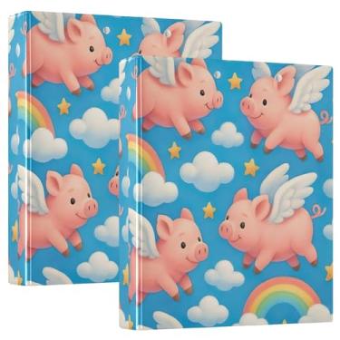 Imagem de Fichários de 3 anéis personalizados de desenho animado com asas de porco, arco-íris, 3 polegadas, comporta 200 folhas, anel redondo, fichário de apresentação, 31,5 x 27 x 6 cm, 1 pacote