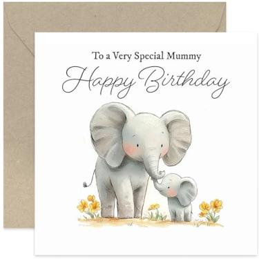 Imagem de Cartão de aniversário especial de múmia da criança - Primeiro aniversário como mãe - Cartões de aniversário do bebê para os pais - Ilustração de mamãe de elefante doce e criança - Presente atencioso